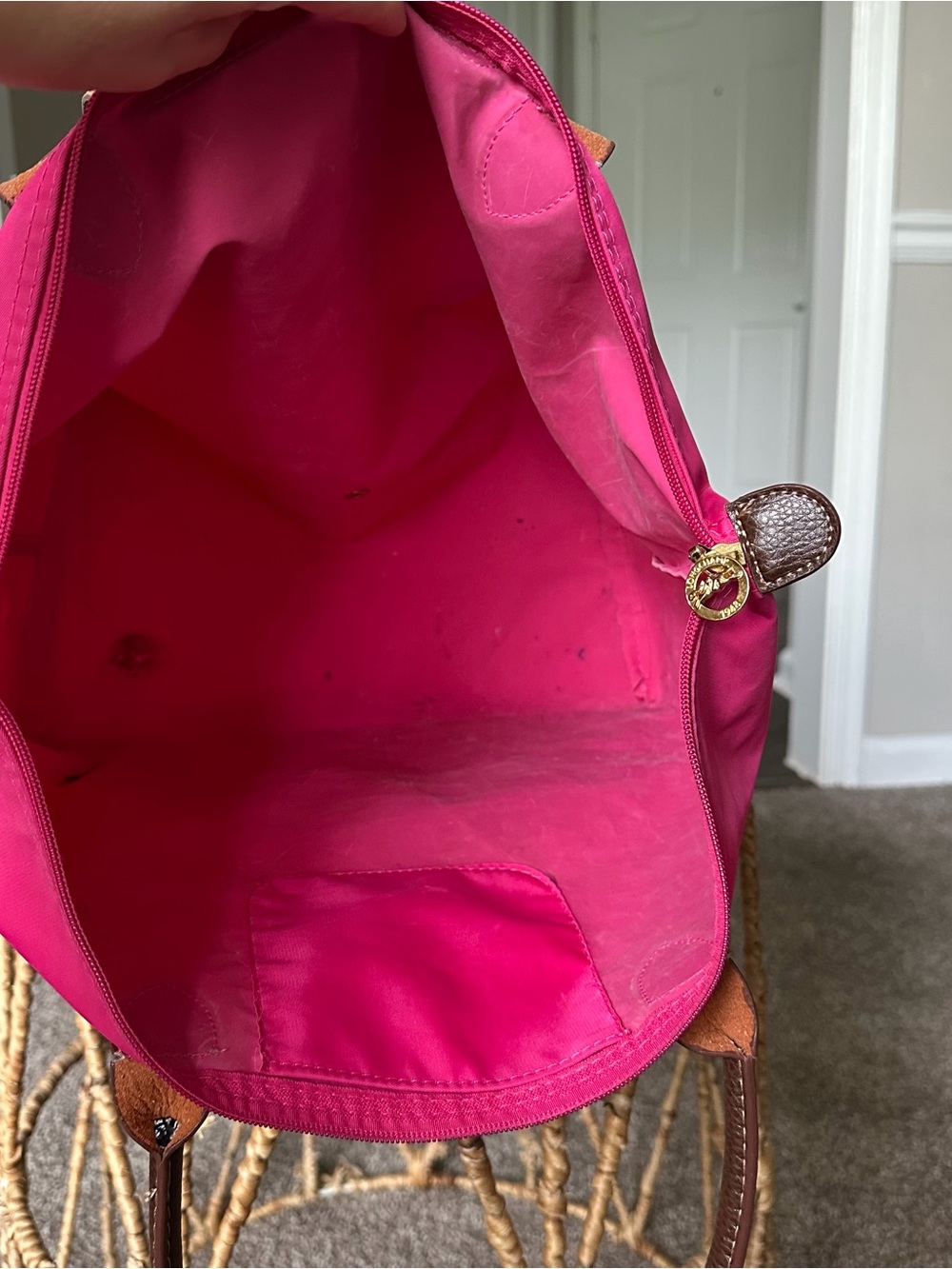 Longchamp Le Pliage Hot Pink Nylon Tote with Brown Leather Trim Large Travel Bag - Picture 13 of 16
